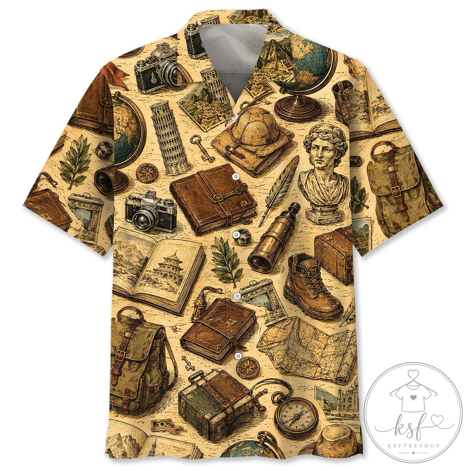 Vintage Travel Explorer Map Globe Camera Hawaiian Shirt