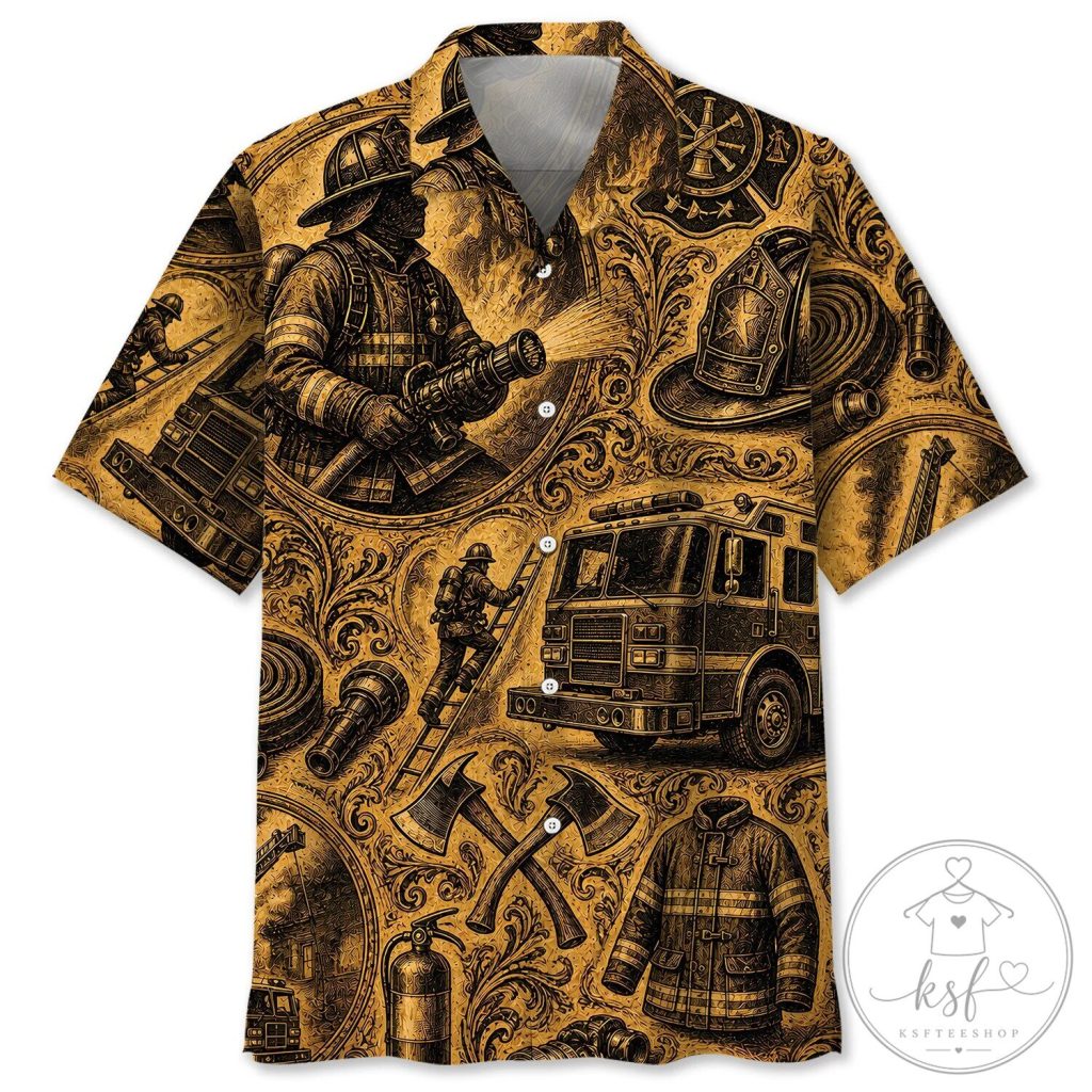 Firefighter Vintage Art Hawaiian Shirt for Men, Fire Department Fireman Apparel Firefighter Vintage Art Hawaiian Shirt for Men, Fire Department Fireman Apparel