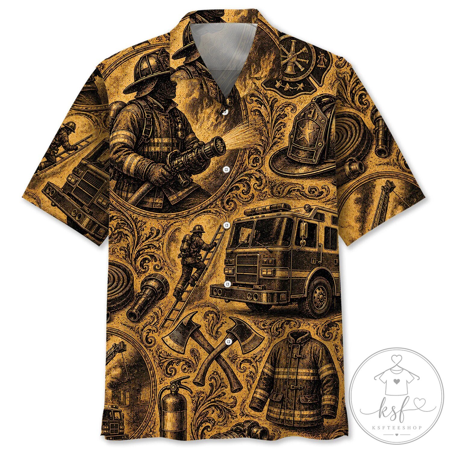 Firefighter Vintage Art Hawaiian Shirt for Men, Fire Department Fireman Apparel