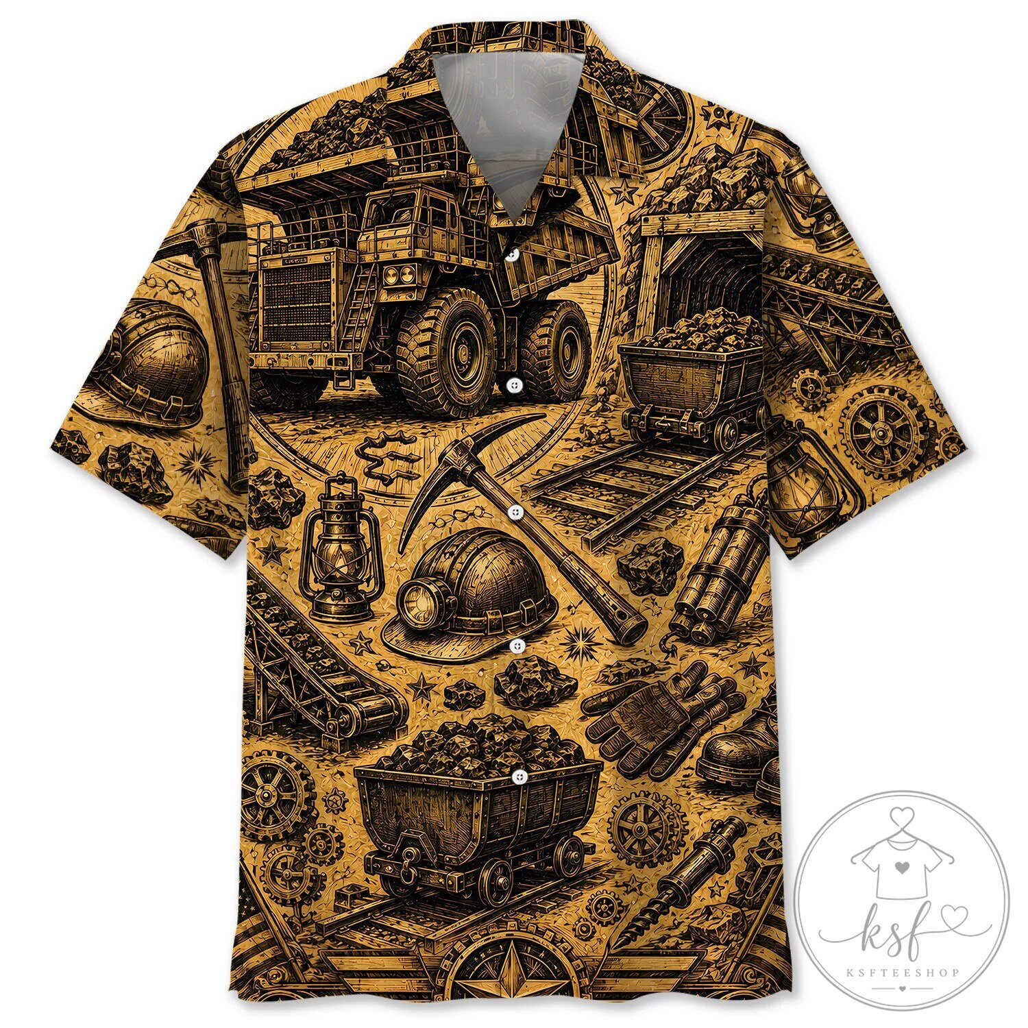 Vintage Mining Equipment and Coal Cart Pattern Hawaiian Shirt