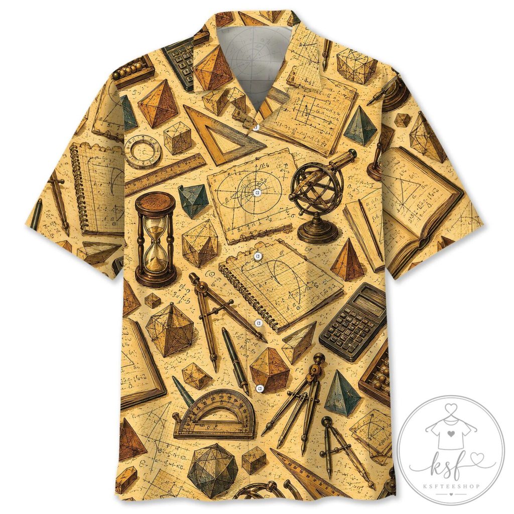 Vintage Mathematics Teacher Hawaiian Shirt, Geometry Math Tools Pattern Button Down Vintage Mathematics Teacher Hawaiian Shirt, Geometry Math Tools Pattern Button Down