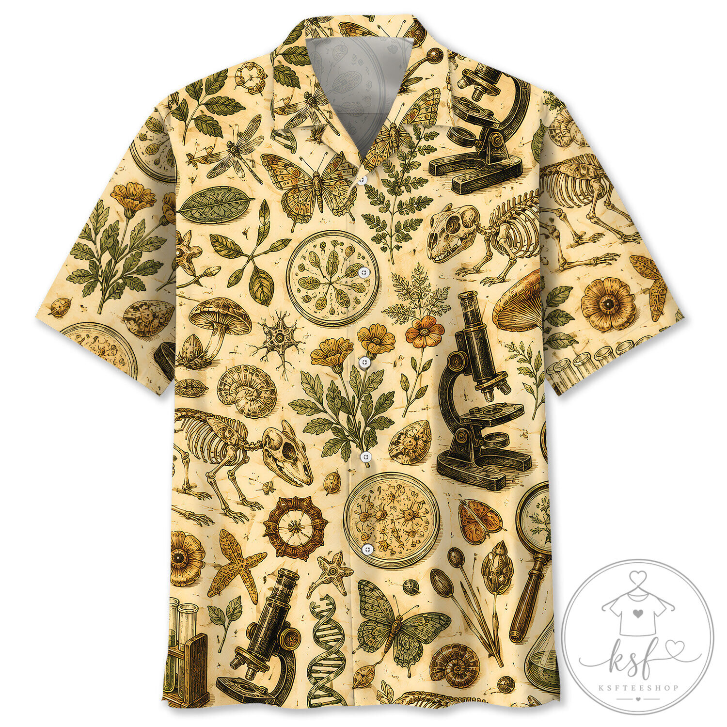 Vintage Biology Teacher Hawaiian Shirt with Microscope and Skeleton Print