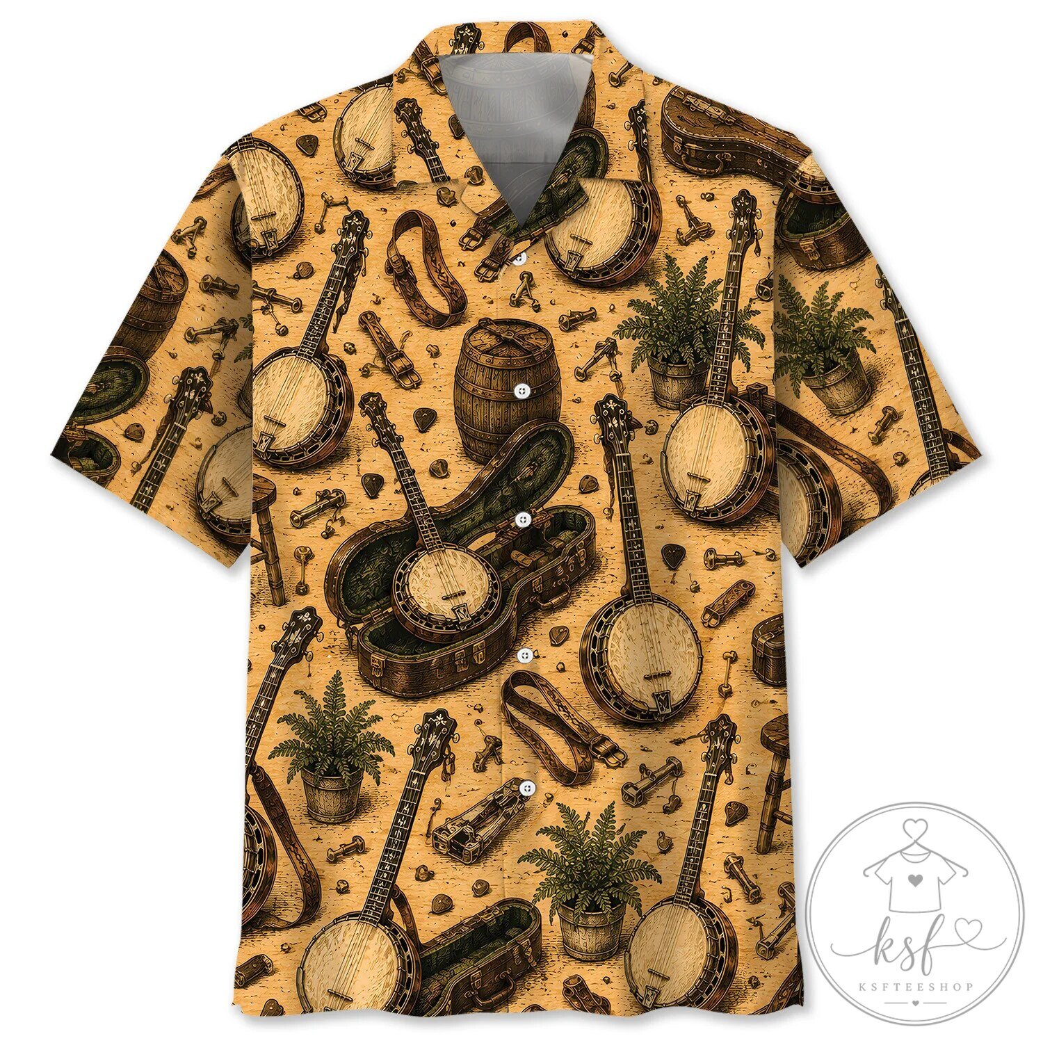 Vintage Banjo Instrument Pattern Hawaiian Shirt