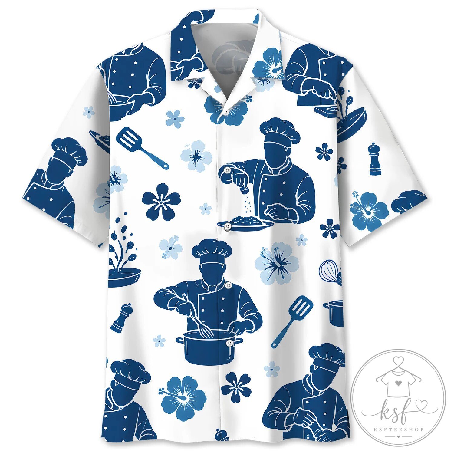 Funny Chef Cooking Blue Hibiscus White Hawaiian Shirt