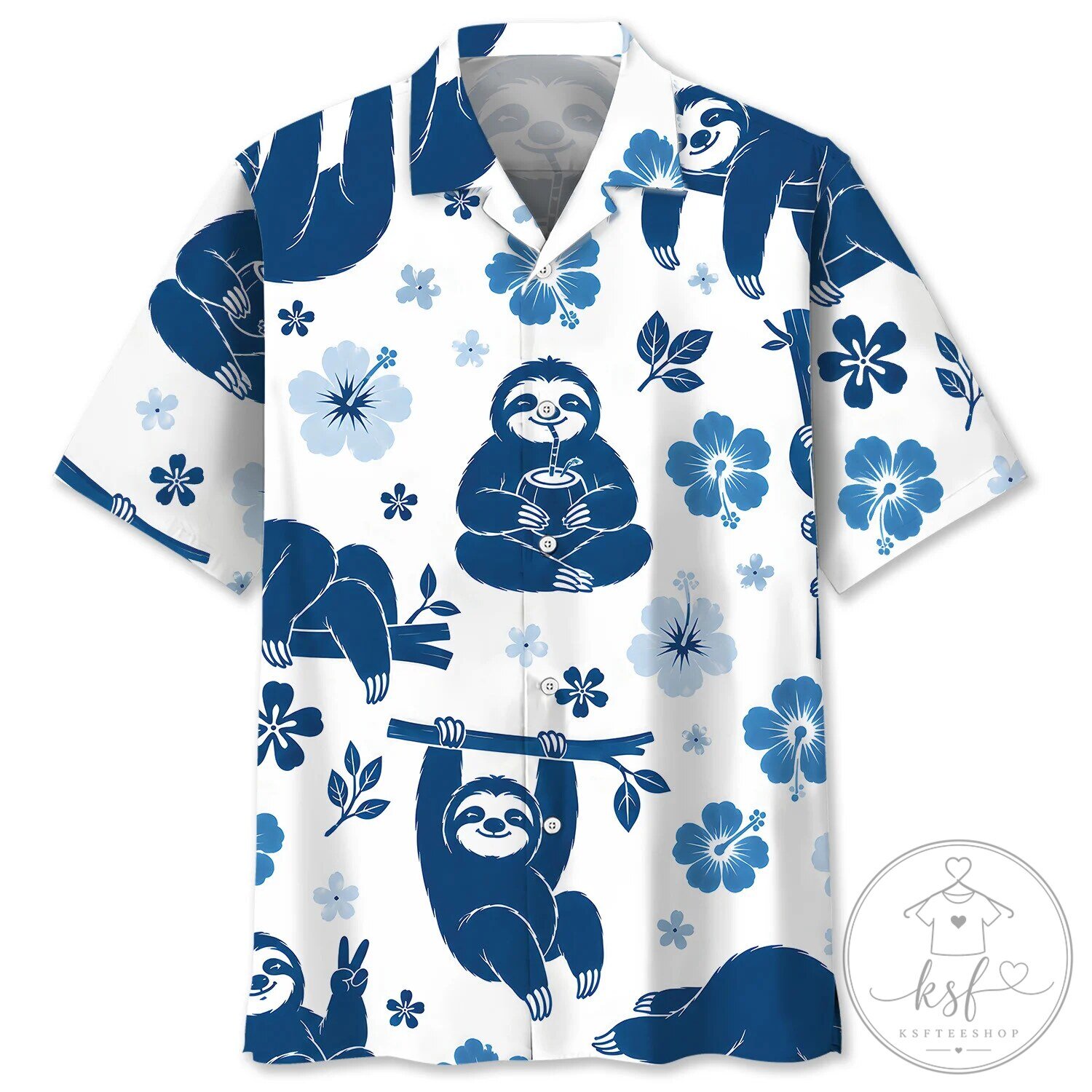 Funny Sloth Blue Hibiscus Hawaiian Shirt for Men and Women