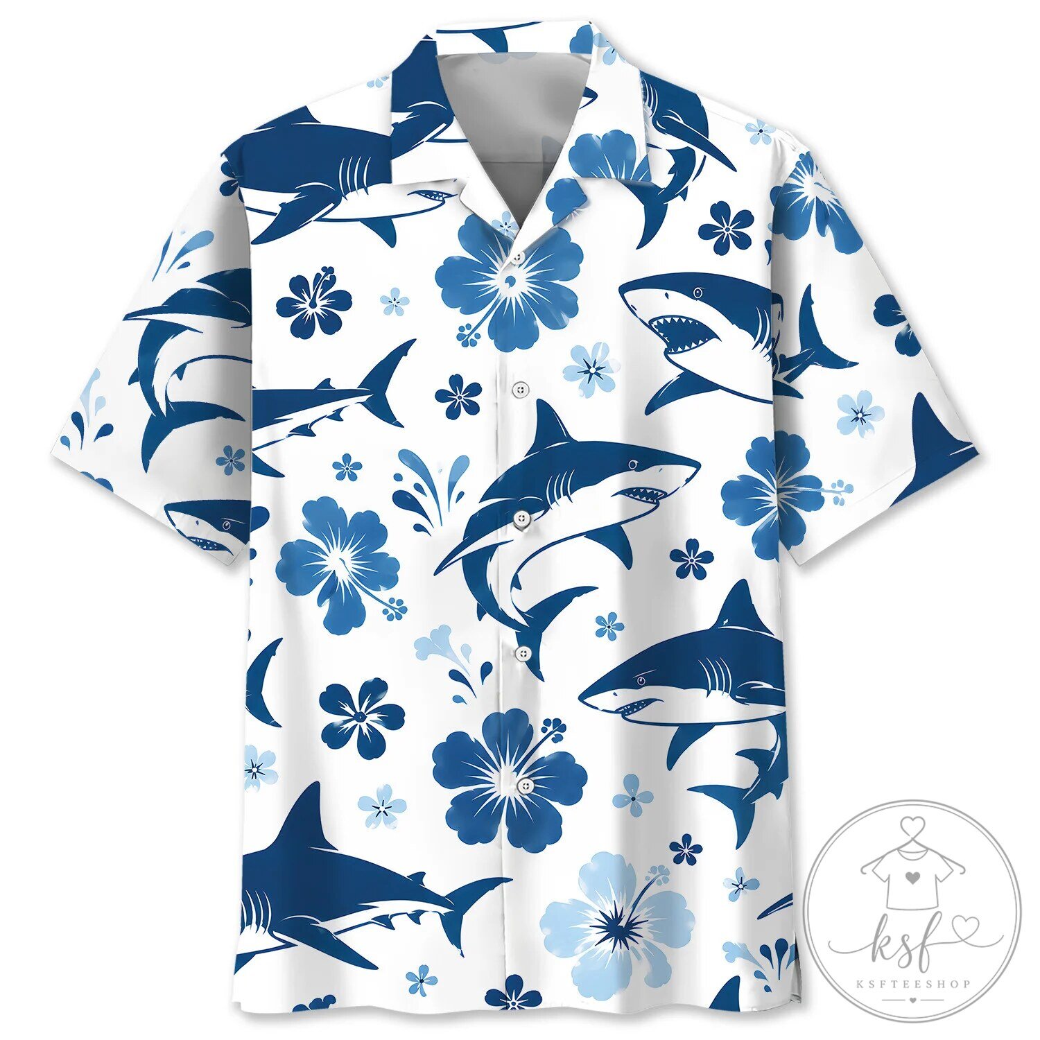 Blue Shark Hibiscus Flower Pattern Hawaiian Shirt