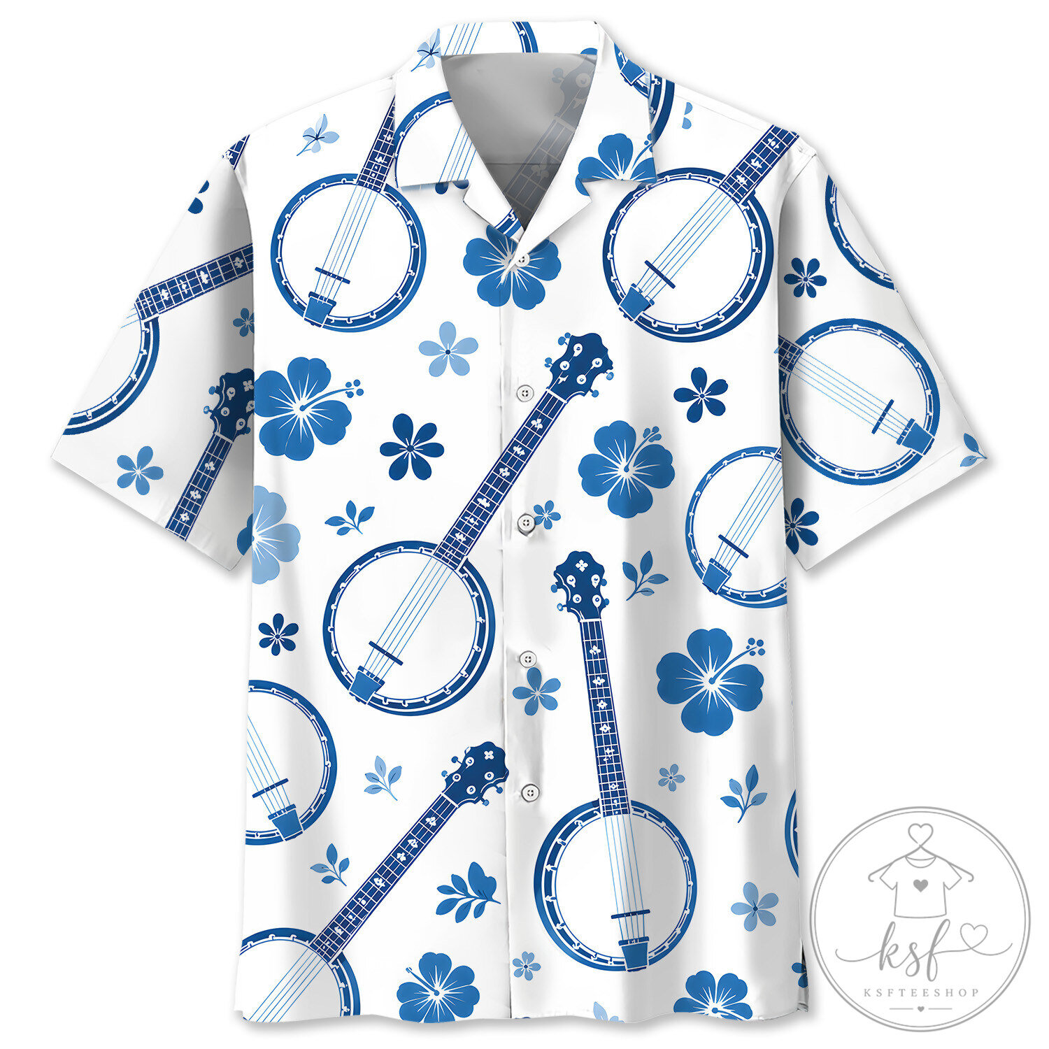 Banjo Musical Instrument Blue Hibiscus Hawaiian Shirt