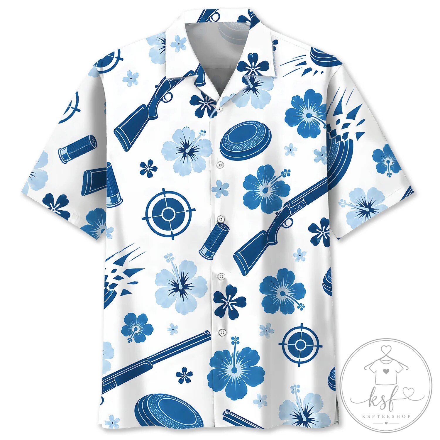 Clay Shooting Skeet Trap Blue Hibiscus Floral Hawaiian Shirt