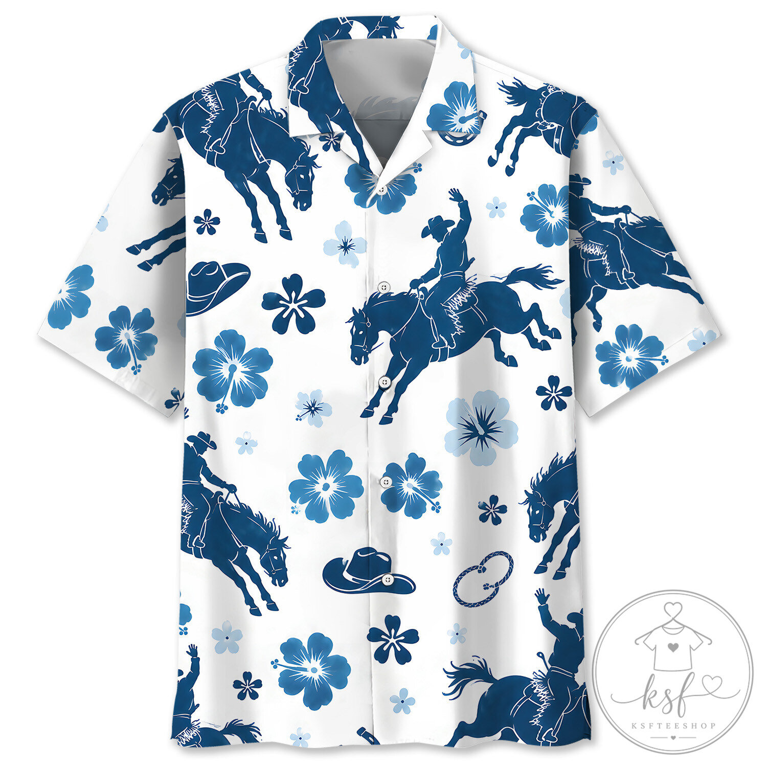 Western Cowboy Rodeo Horse Riding Blue Hibiscus Floral Hawaiian Shirt