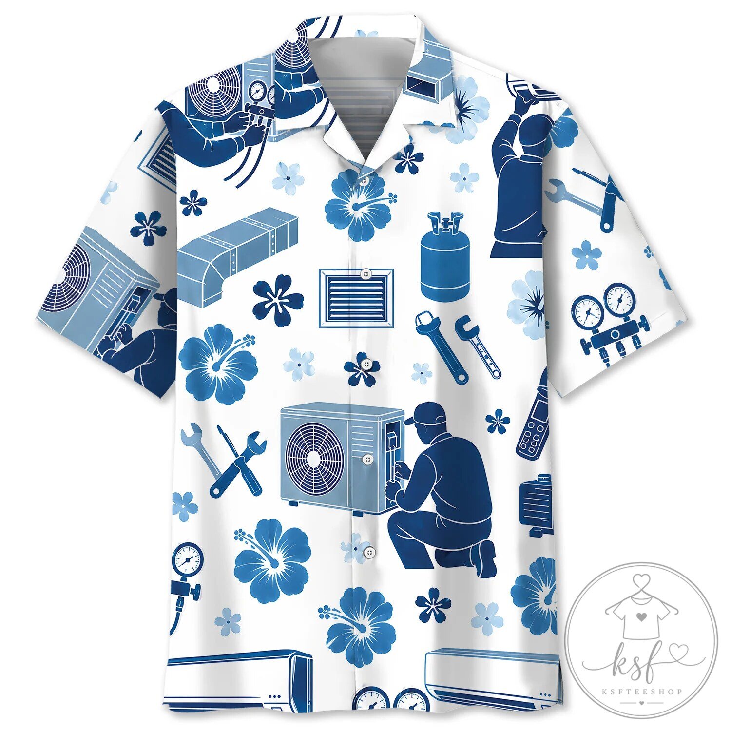 HVAC Technician Air Conditioning Repairman Blue Hibiscus Hawaiian Shirt