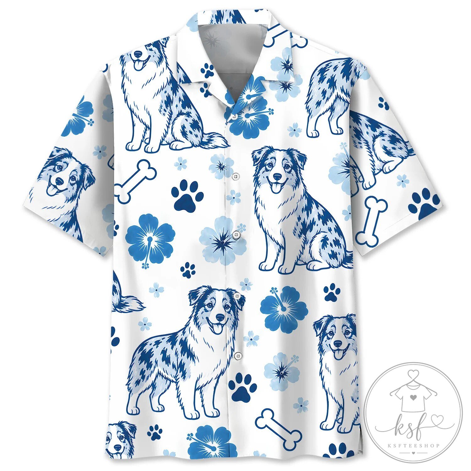 Australian Shepherd Dog Blue Hibiscus Flower Pattern Hawaiian Shirt