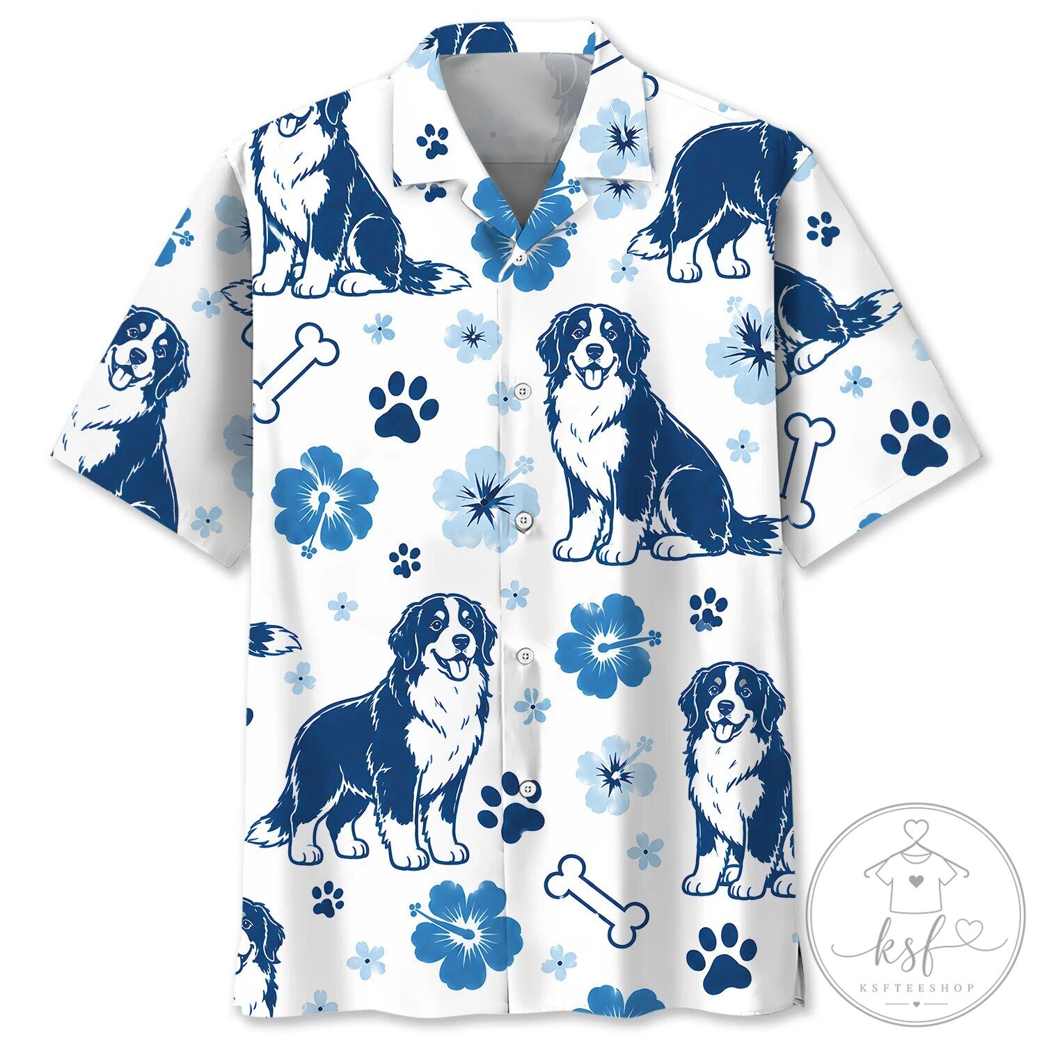 Bernese Mountain Dog Blue Hibiscus Floral Pattern Hawaiian Shirt