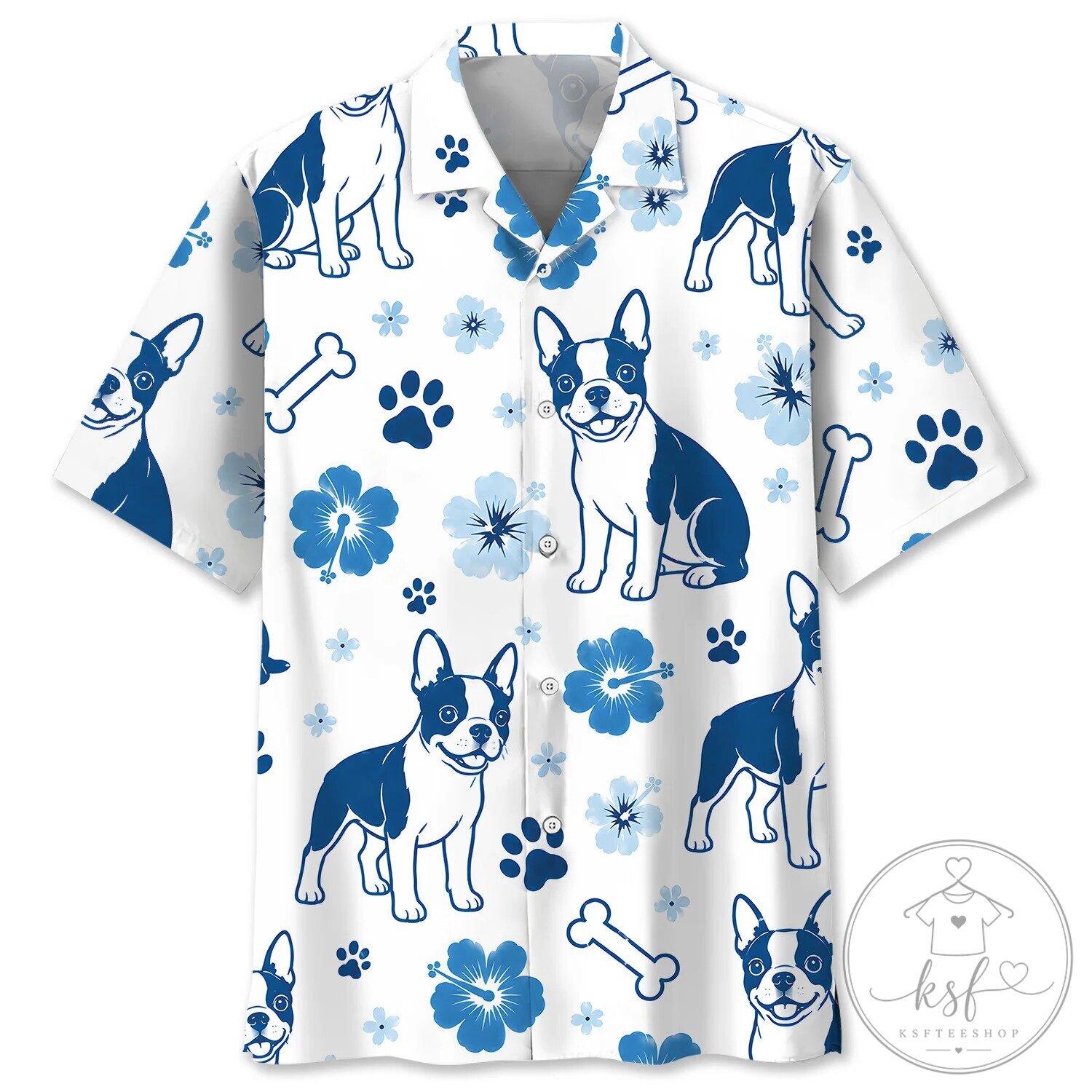 Boston Terrier Dog Blue Hibiscus Floral Pattern Hawaiian Shirt
