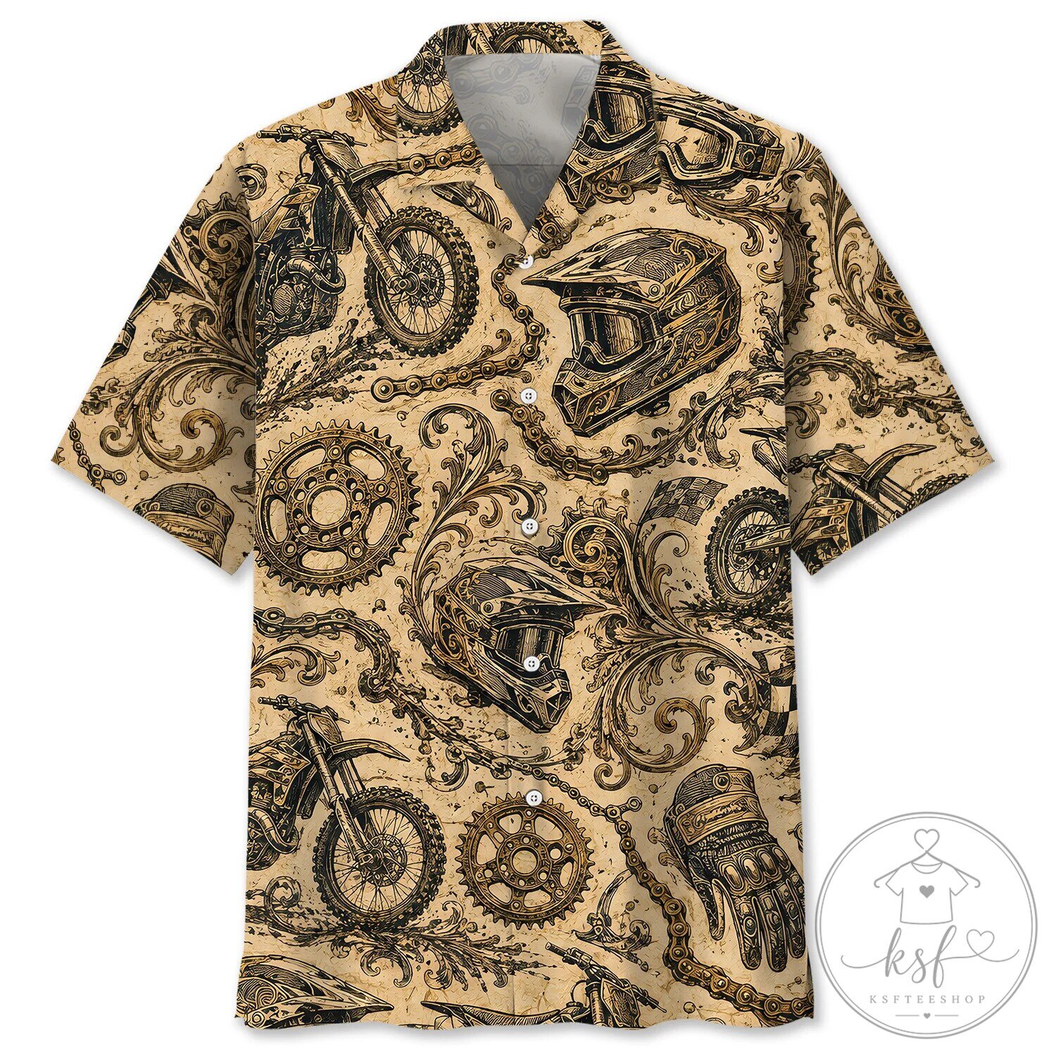 Vintage Motocross Dirt Bike Chain Gear Pattern Hawaiian Shirt