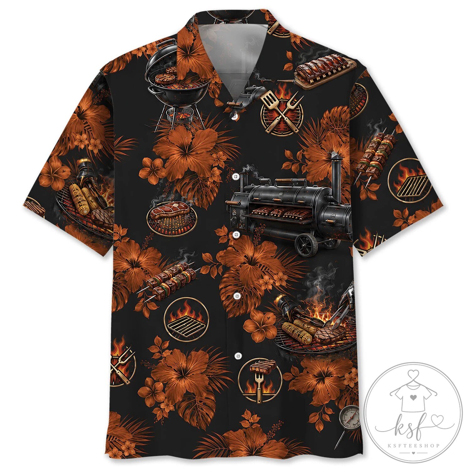 Barbecue Grill Smoker Orange Hibiscus Tropical Hawaiian Shirt