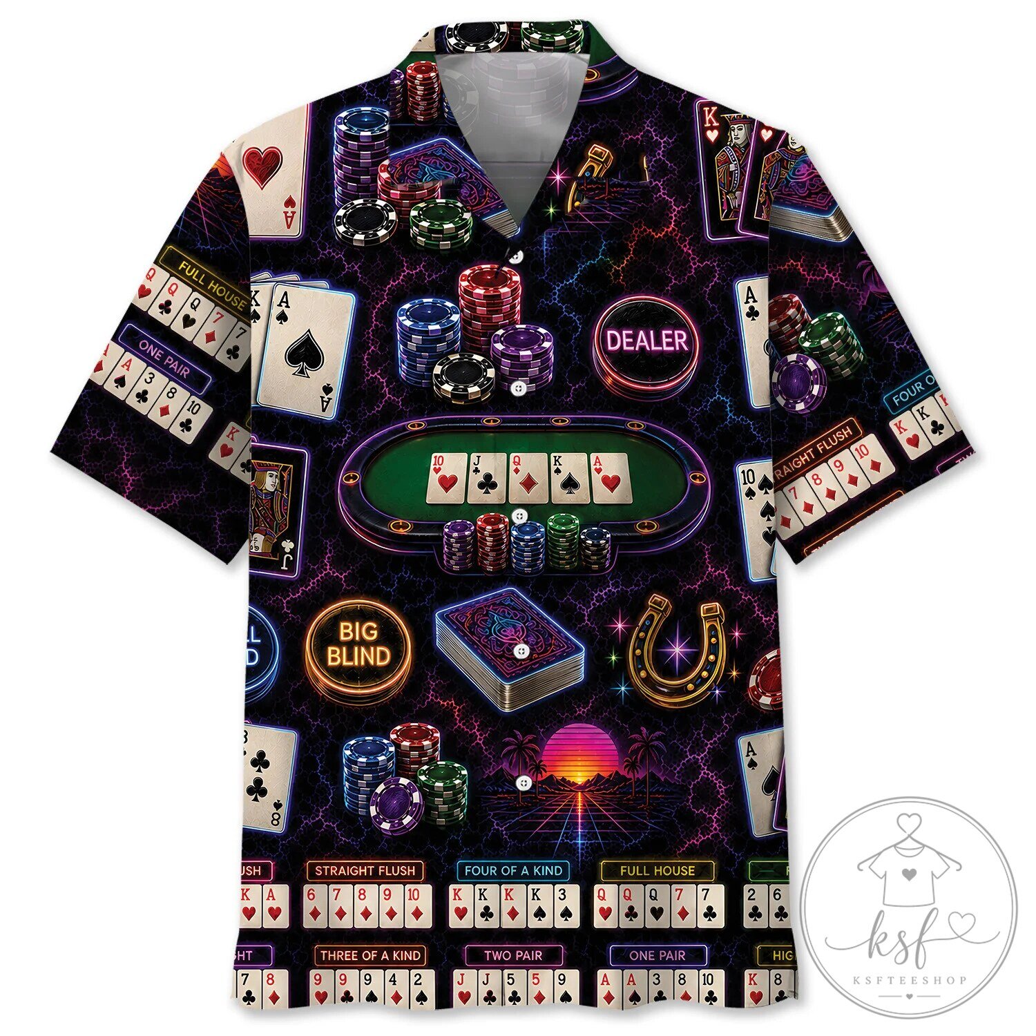 Neon Poker Game Night Cards Chips Hawaiian Shirt