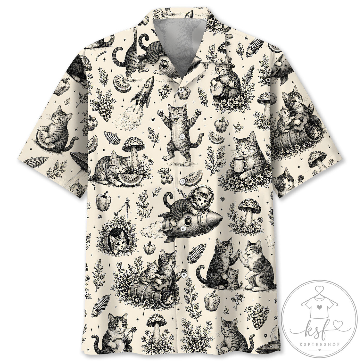 Vintage Cats Playing In Space Hawaiian Shirt