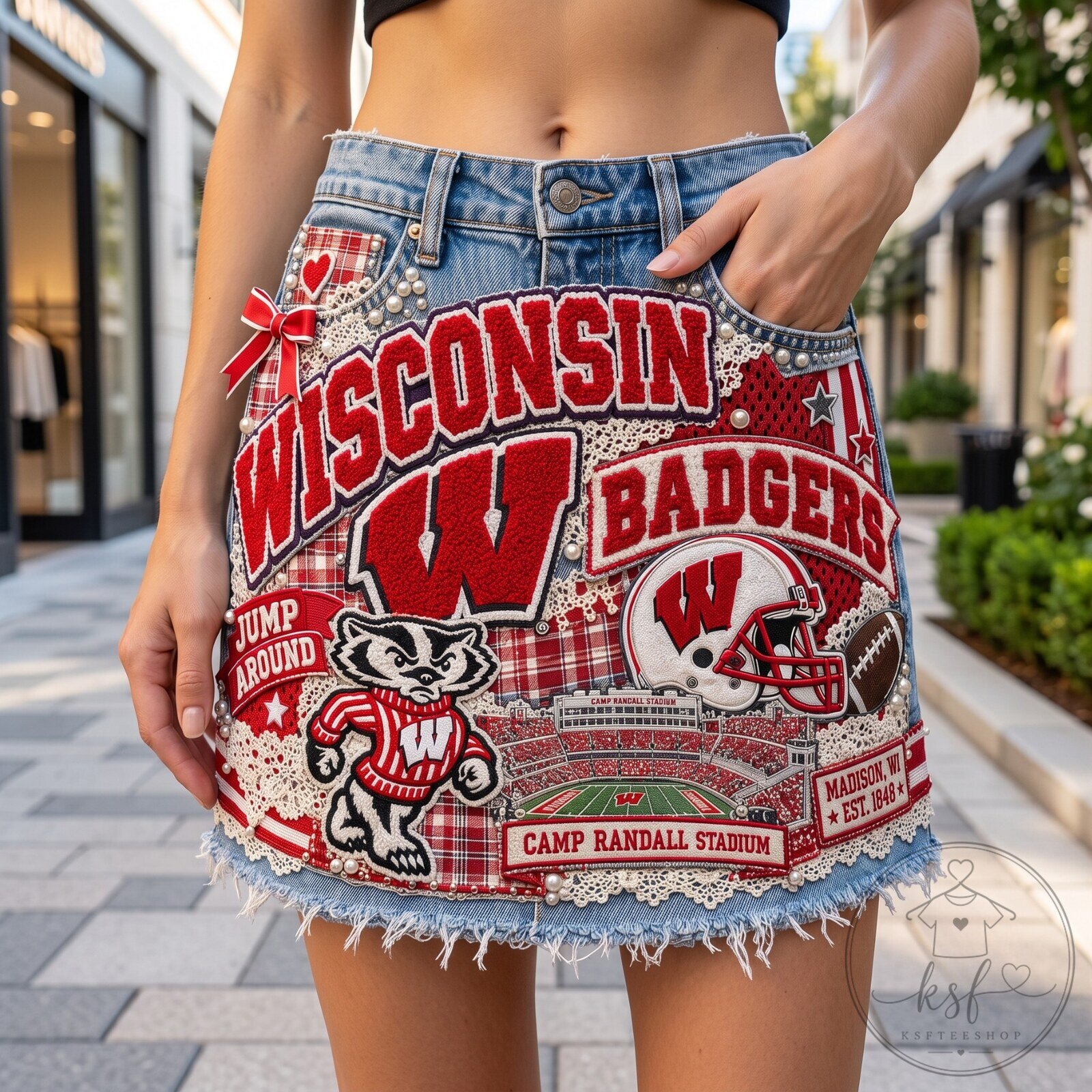Wisconsin Badgers Embellished Denim Skirt with Camp Randall Stadium Design