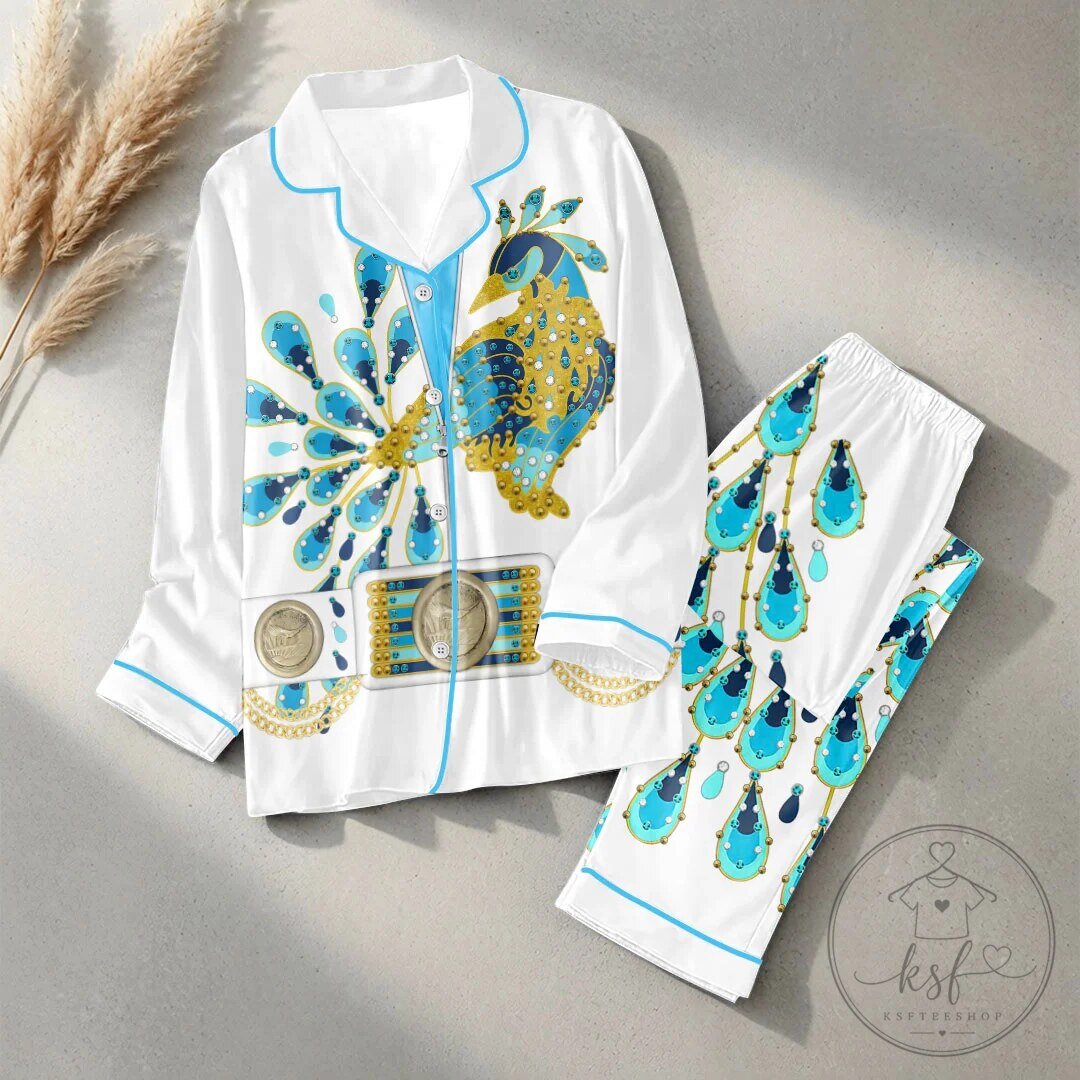 Peacock Feather Patterned Satin Pajamas Set with Blue Piping