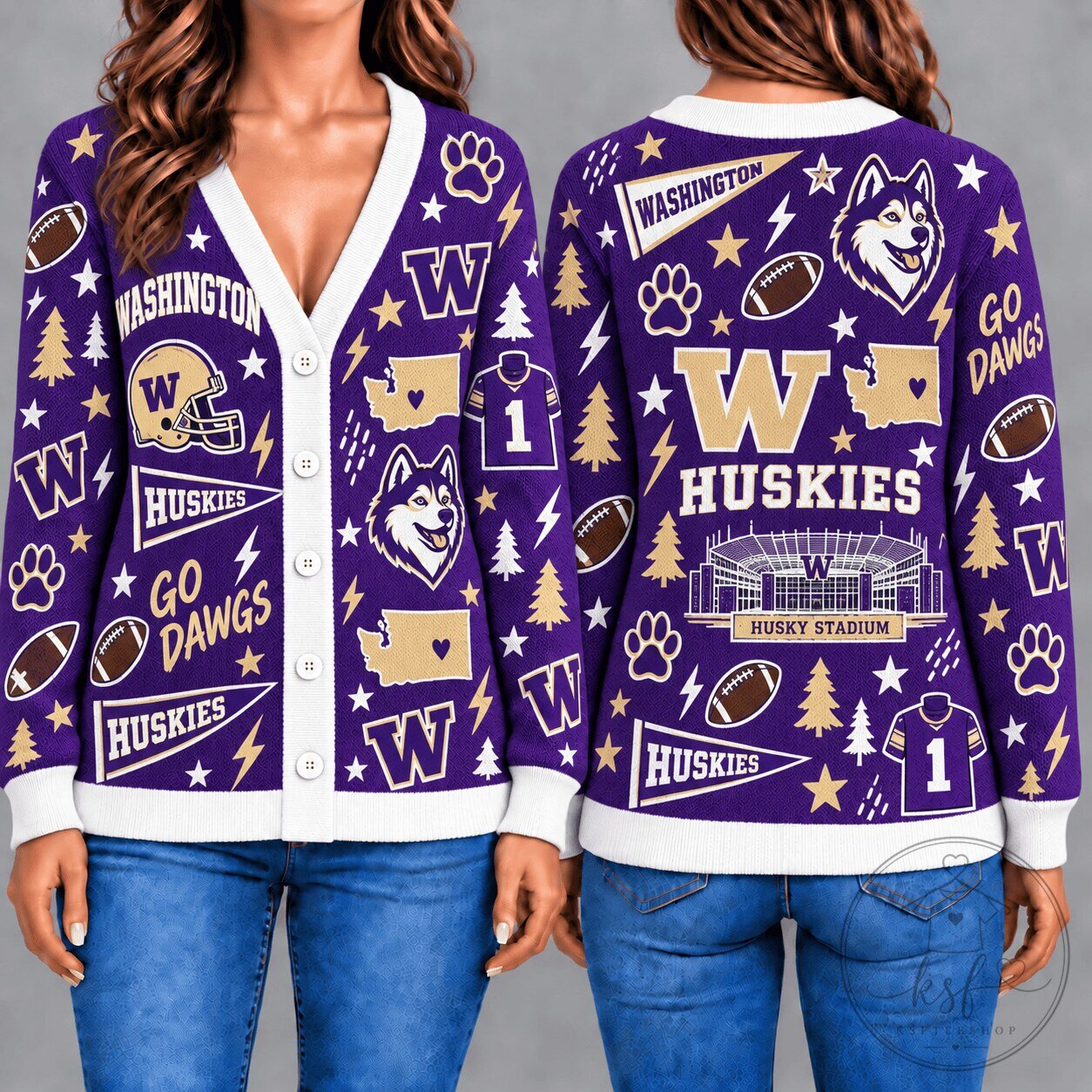 Washington Huskies Football Team Logo Pattern Ugly Christmas Cardigan