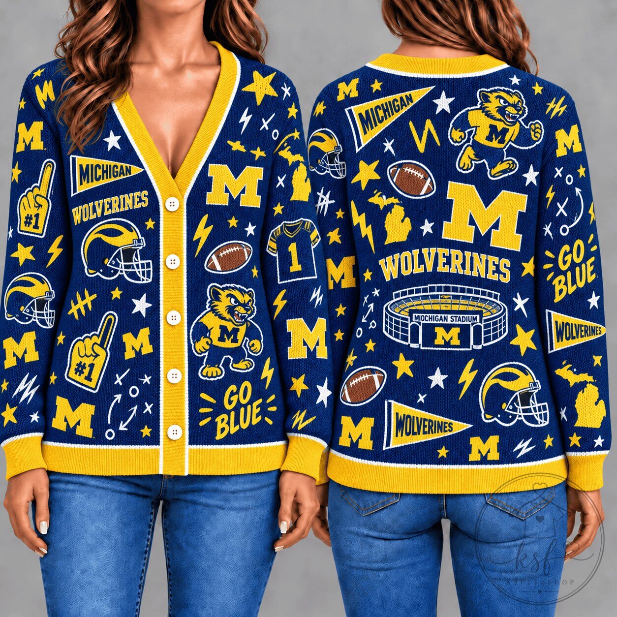 Michigan Wolverines Football Team Pattern Go Blue Fan Cardigan Sweater