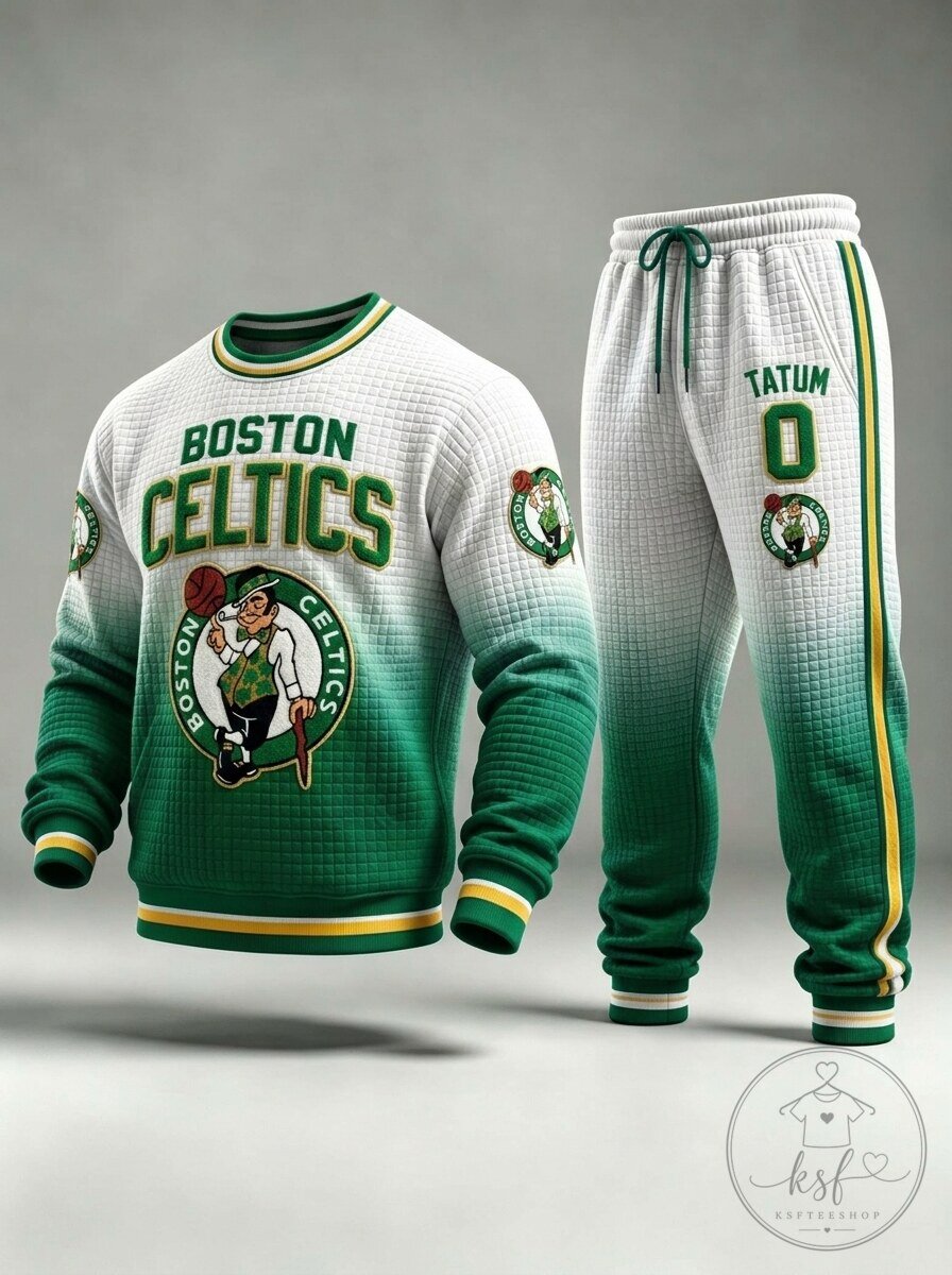 Boston Celtics Gradient Green and White Quilted Sweatshirt and Jogger Pants Set