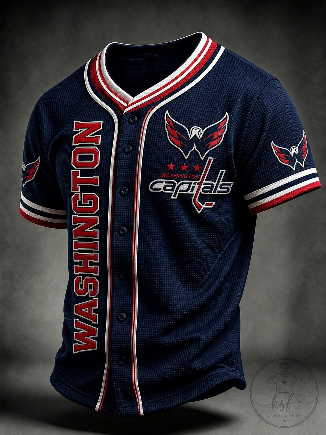 Washington Capitals Navy Blue and Red Baseball Jersey with Eagle Logo