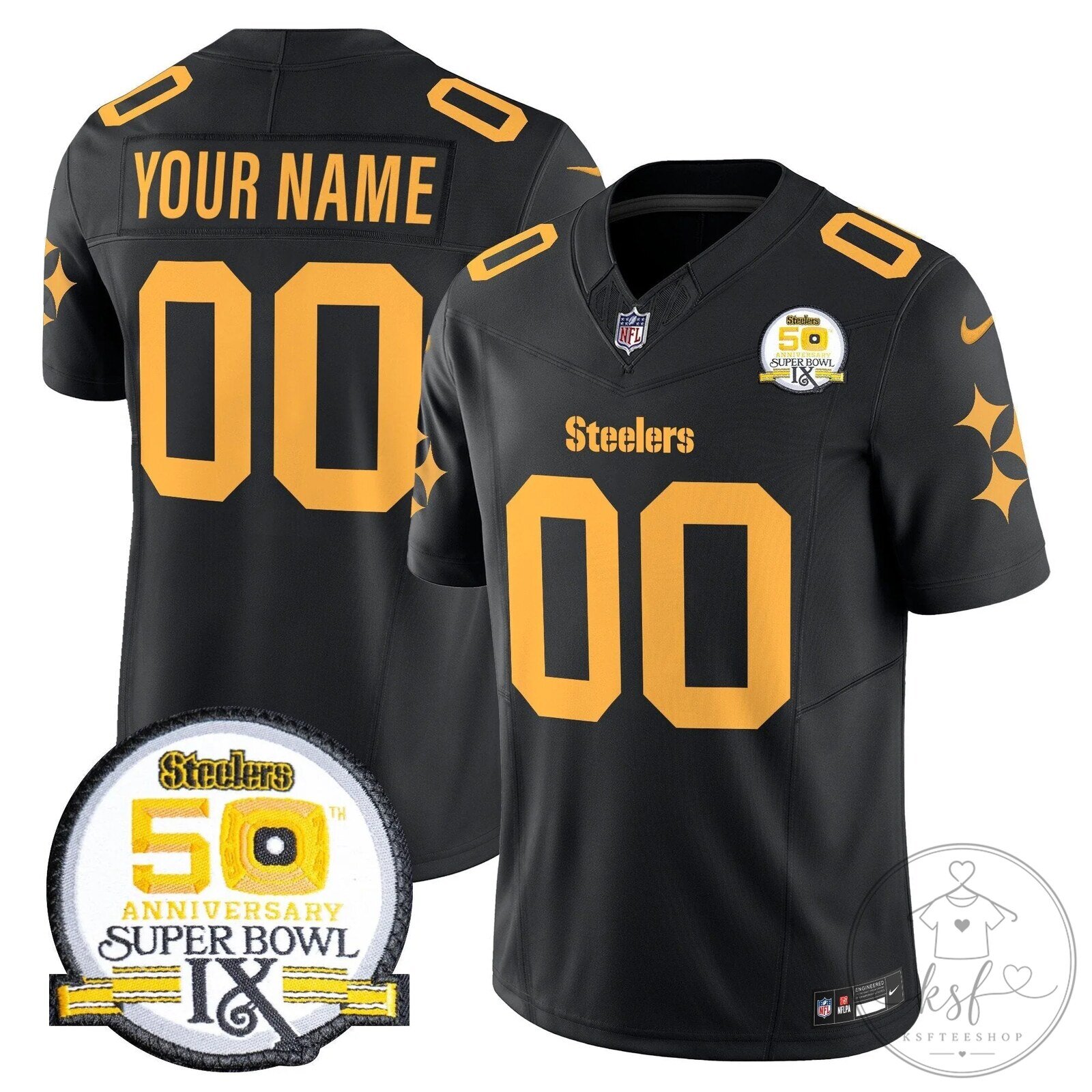 Pittsburgh Steelers Super Bowl IX 50th Anniversary Black Custom Football Jersey