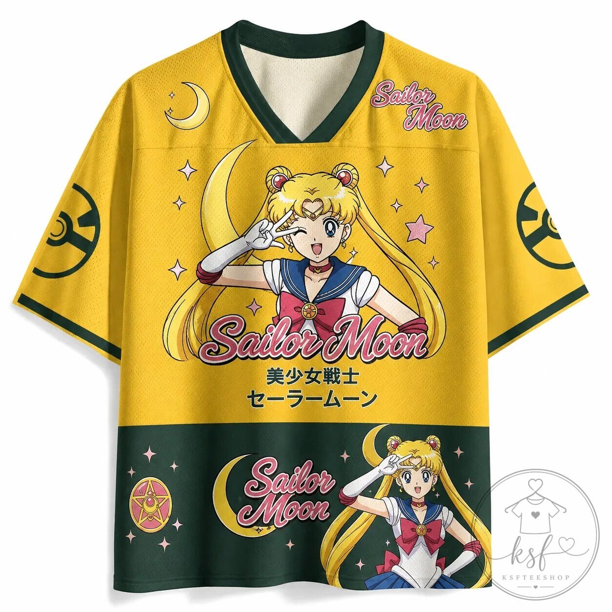 Sailor Moon Anime Character Yellow and Green Football Jersey
