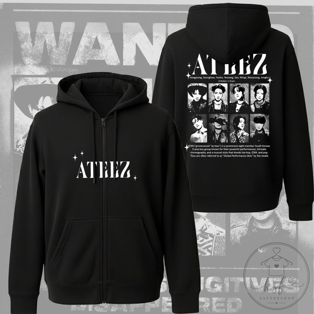 ATEEZ K-Pop Group Members Black Zip Hoodie 44 ATEEZ K-Pop Group Members Black Zip Hoodie