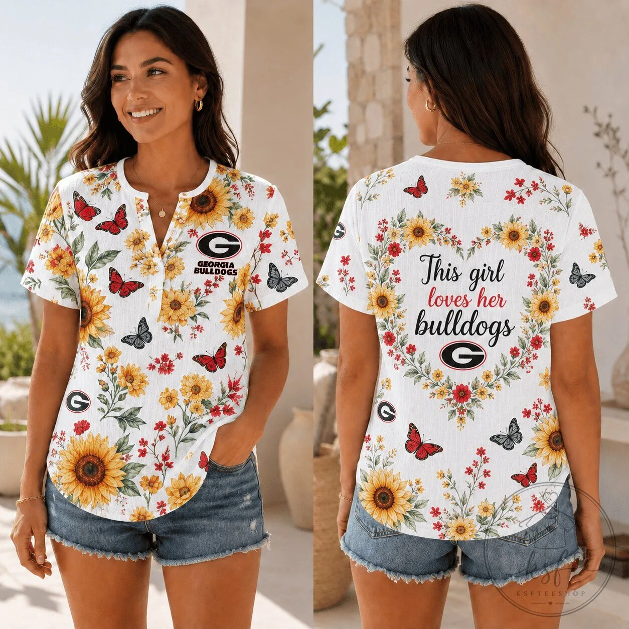 Georgia Bulldogs Shirt Women's Sunflower Butterfly Summer Short Sleeve Top