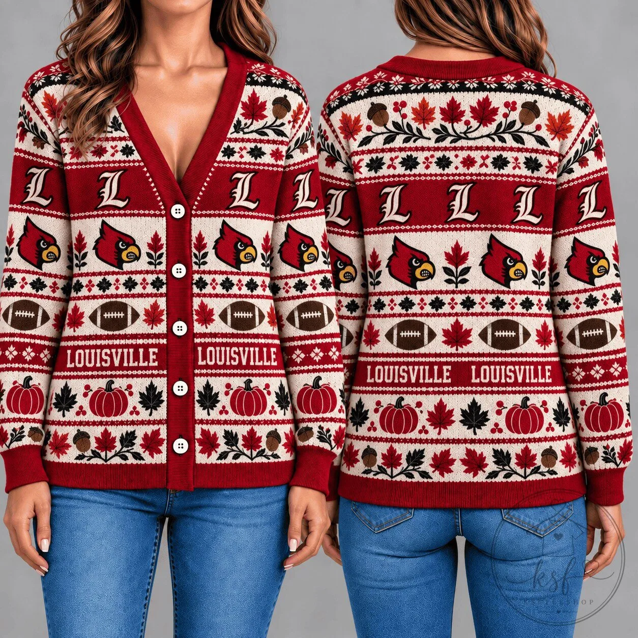 Louisville Cardinals Football Thanksgiving Ugly Christmas Cardigan Sweater