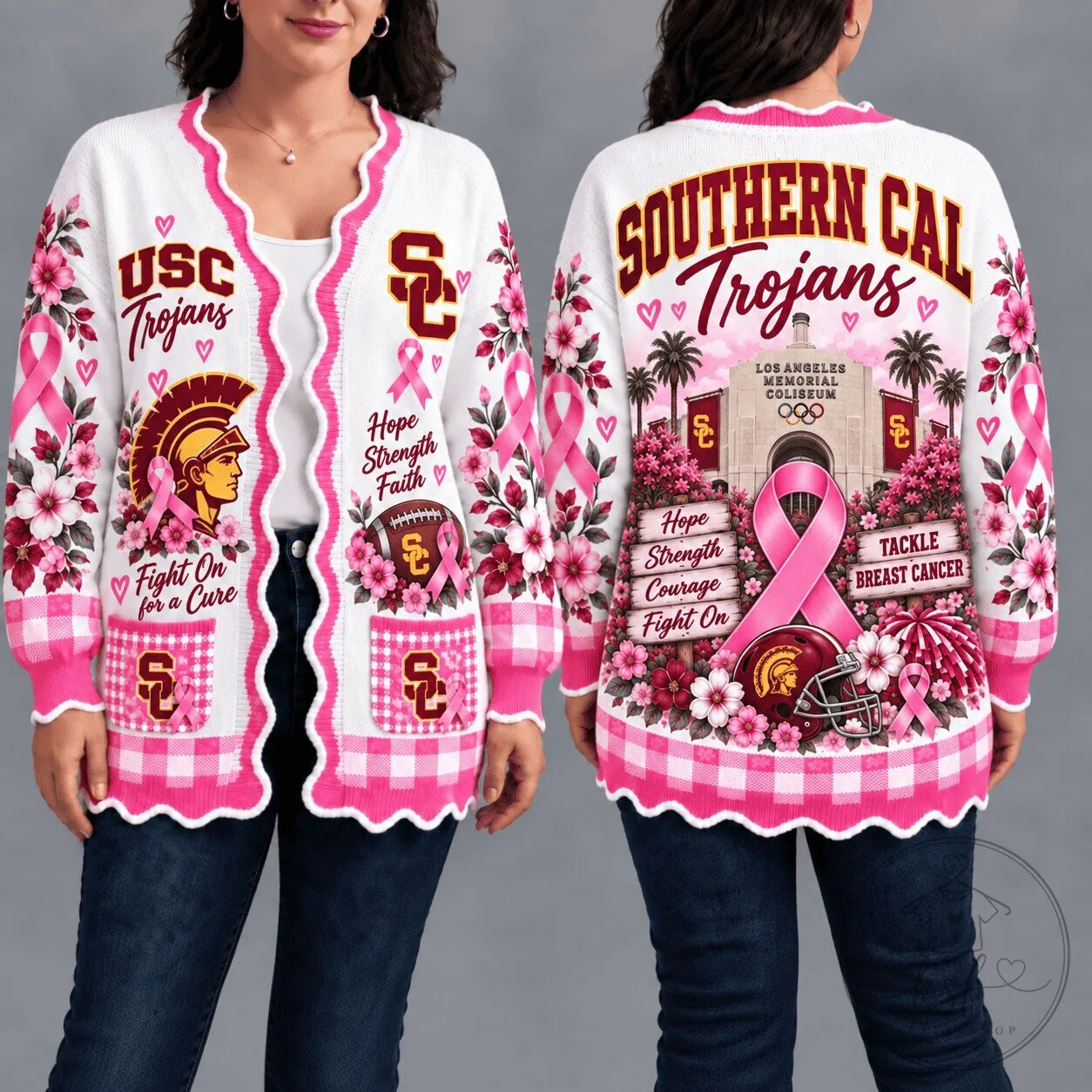 USC Trojans Breast Cancer Awareness Pink Floral Cardigan Sweater