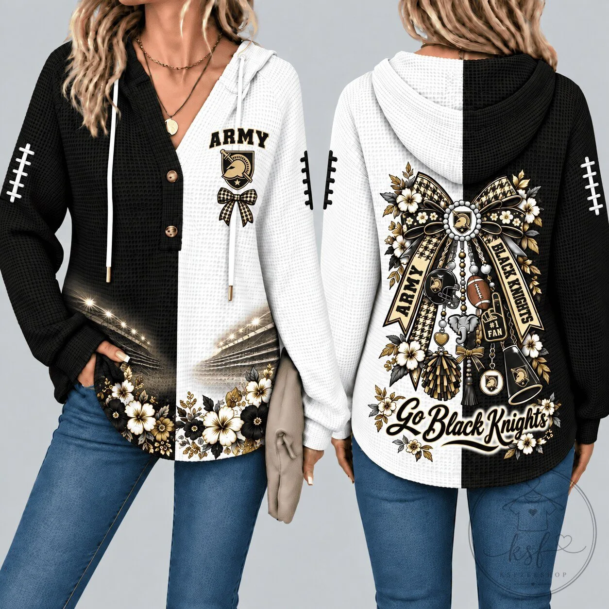 Army Black Knights Football Floral Waffle Knit Hoodie for Women