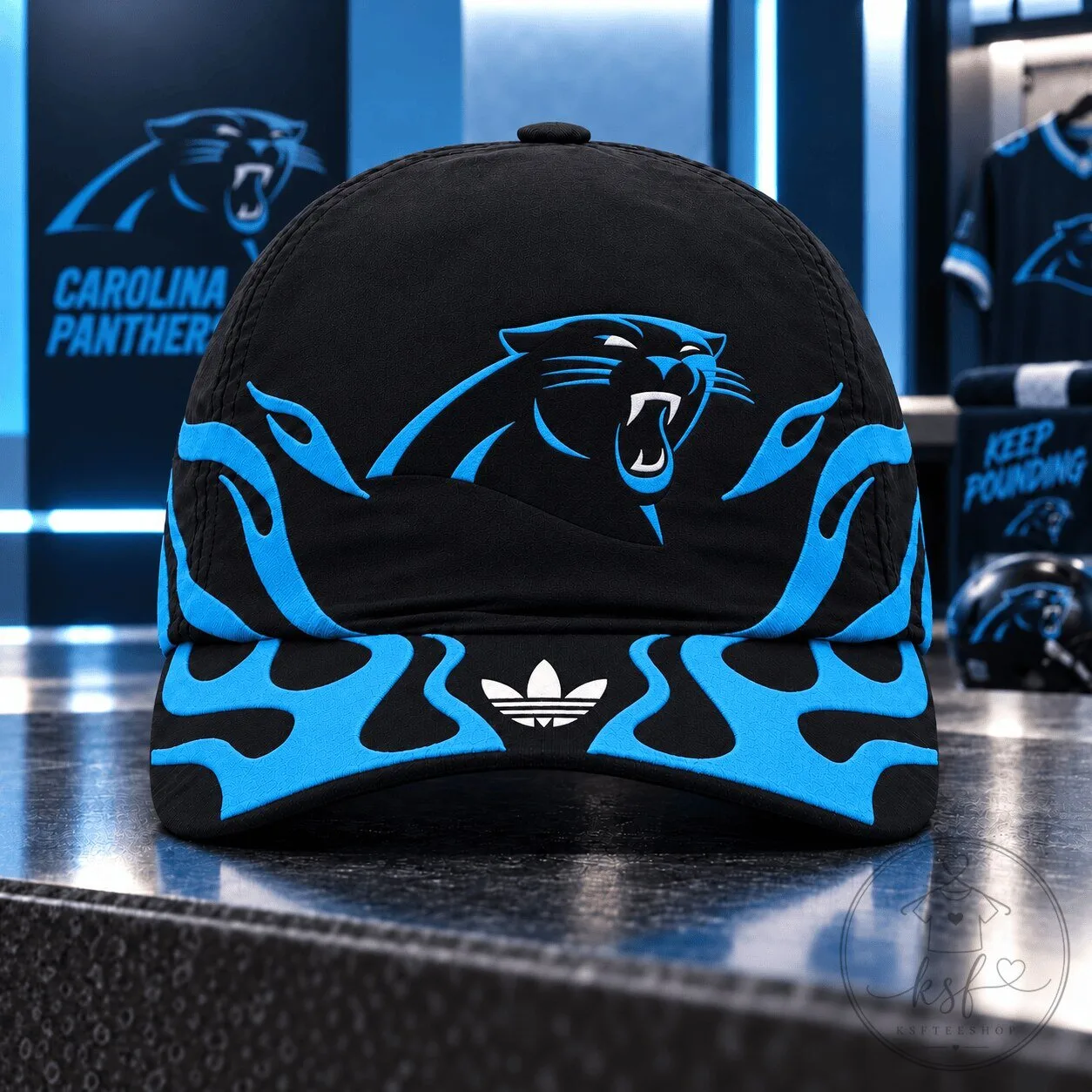 Carolina Panthers NFL Football Team Logo Blue Flame Black Adjustable Cap Hat