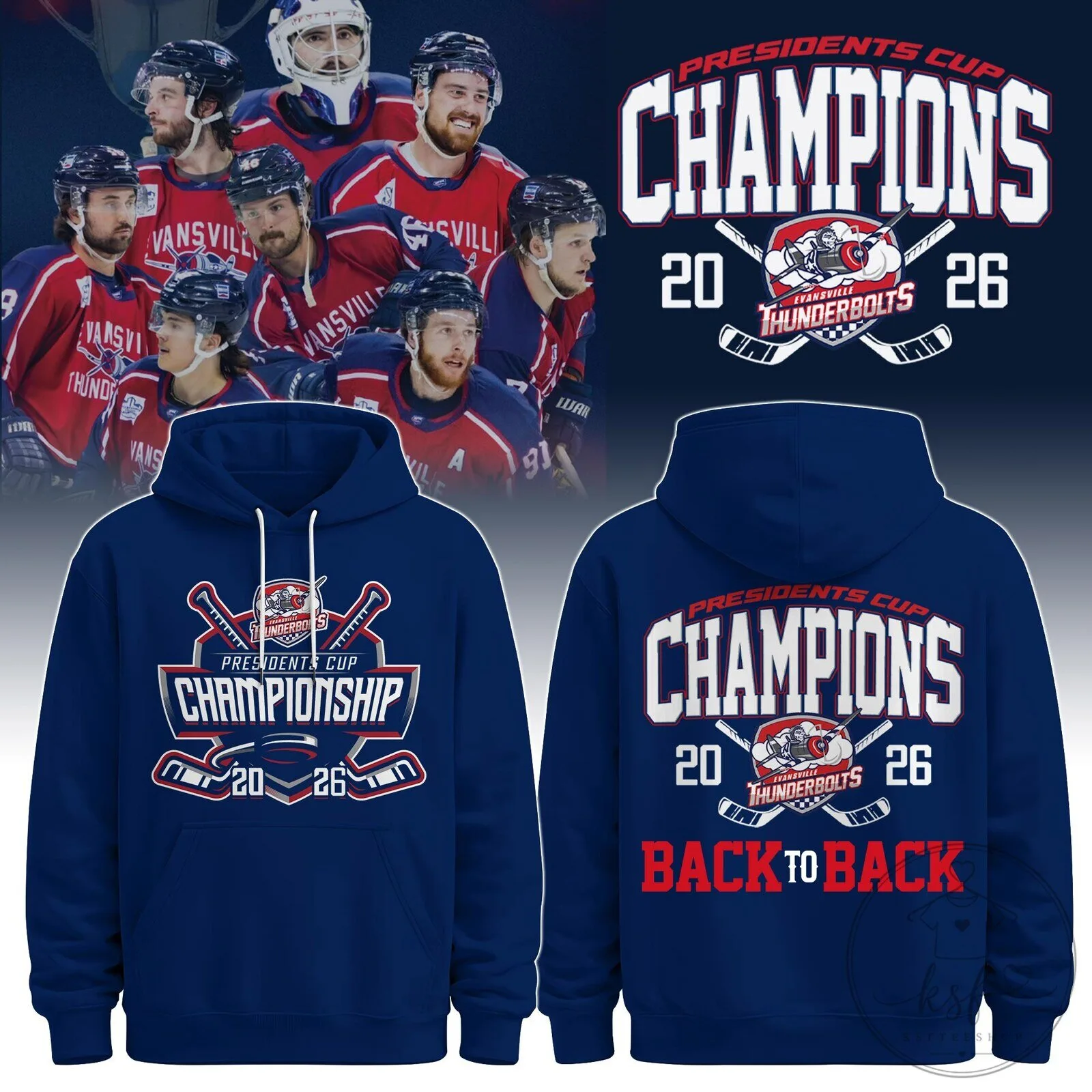 Evansville Thunderbolts 2026 SPHL Presidents Cup Back to Back Champions Limited Hoodie