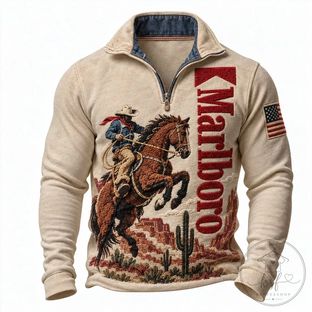 Marlboro Cowboy Western Desert Print Half-Zip Collared Sweatshirt