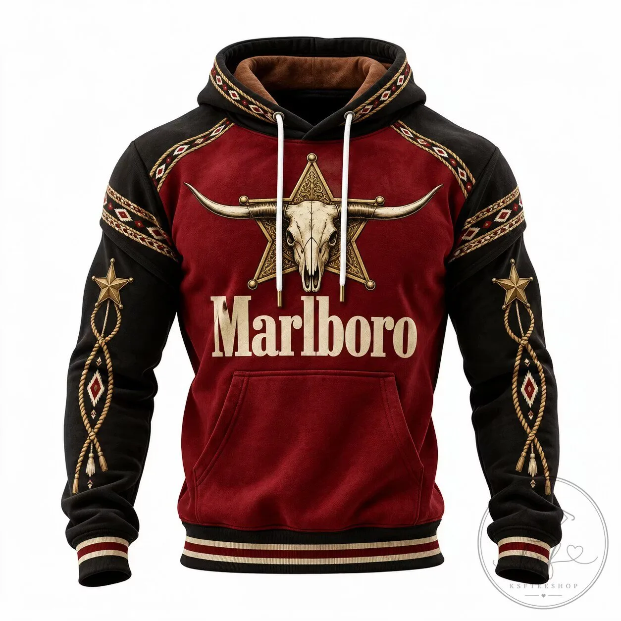 Marlboro Western Cowboy Bull Skull Star Red Black Hoodie