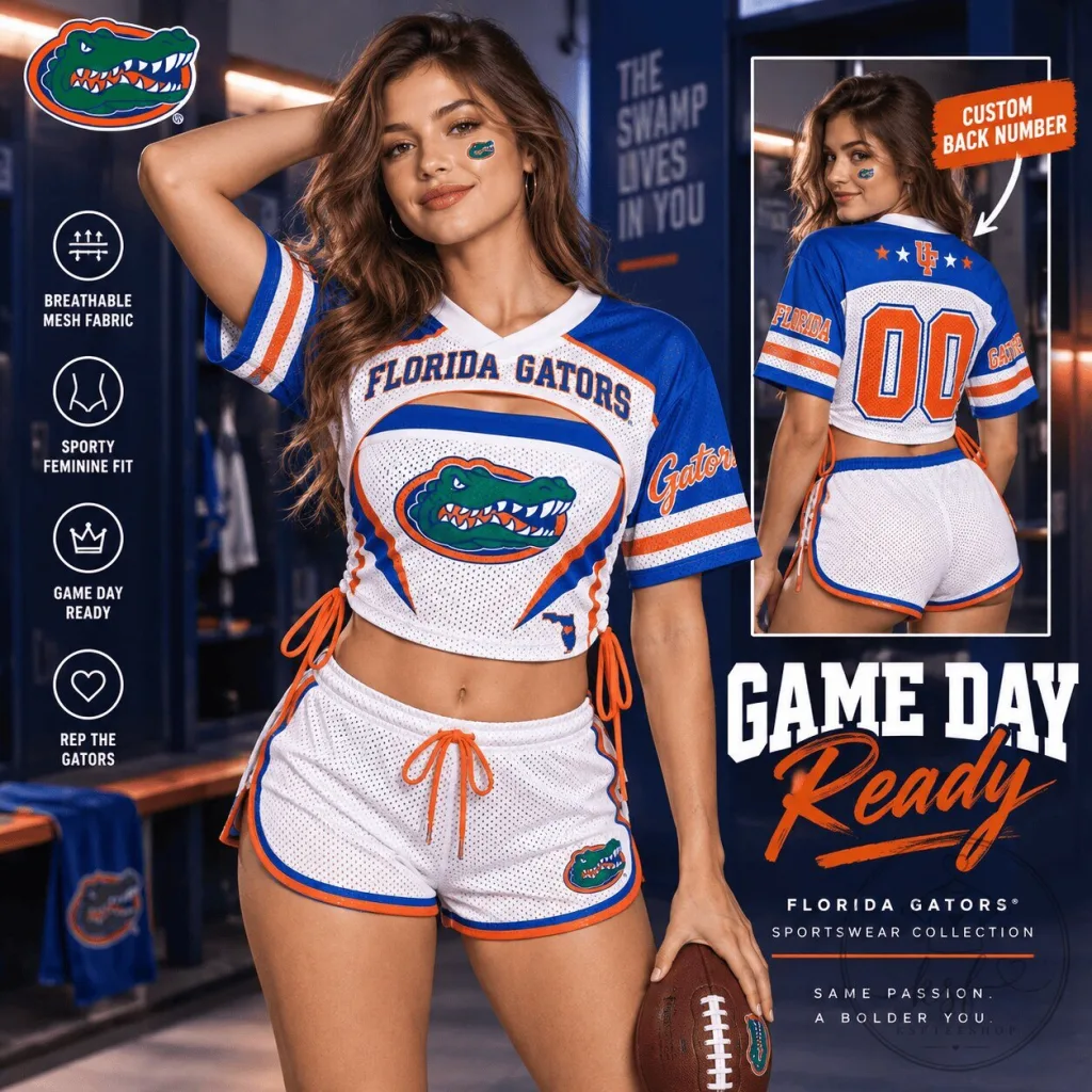 Florida Gators Women's Cropped Mesh Football Jersey and Shorts Set Florida Gators Women's Cropped Mesh Football Jersey and Shorts Set