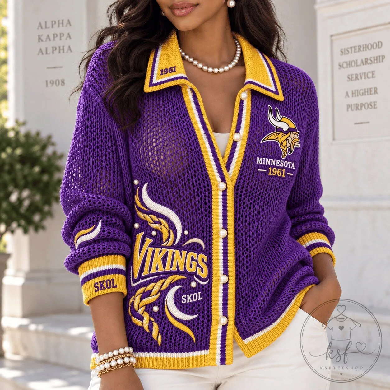 Minnesota Vikings Purple Open-Knit Cardigan with Pearl Buttons and Skol Embroidery
