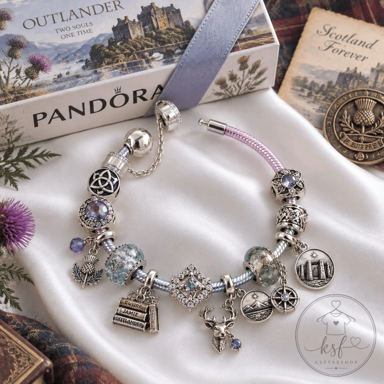 Outlander Inspired Sterling Silver Charm Bracelet with Scottish Thistle Charms