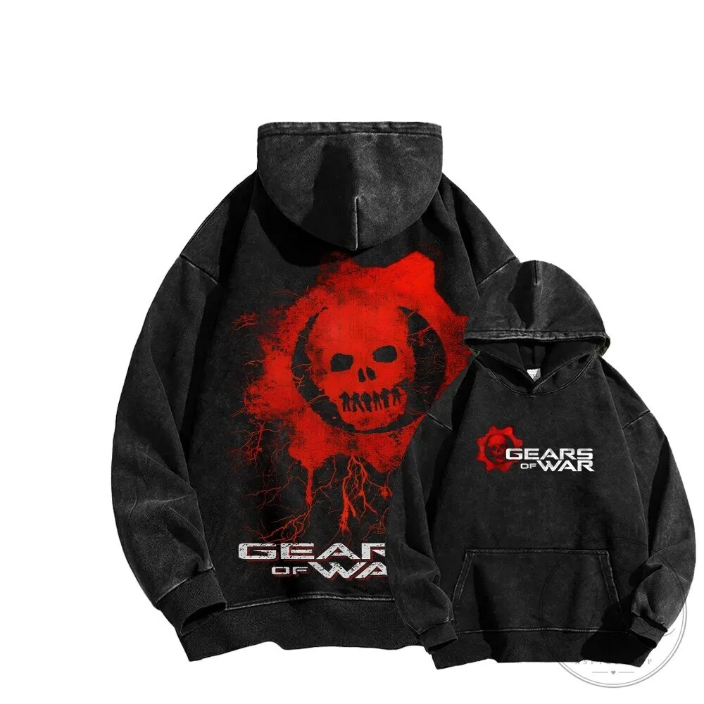 Gears of War Crimson Omen Skull Logo Black Washed Pullover Hoodie