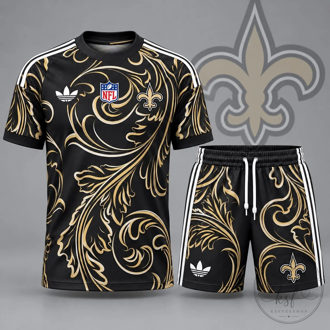 New Orleans Saints Gold Fleur-de-lis Swirl Pattern Football Jersey and Shorts Set