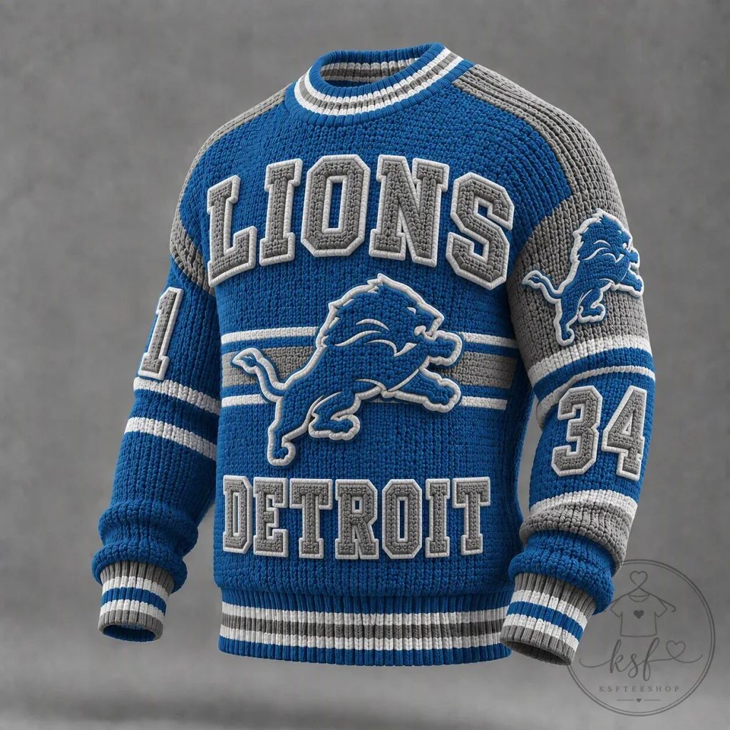 Detroit Lions Blue and Gray Knitted Crewneck Ugly Christmas Sweater Detroit Lions Blue and Gray Knitted Crewneck Ugly Christmas Sweater