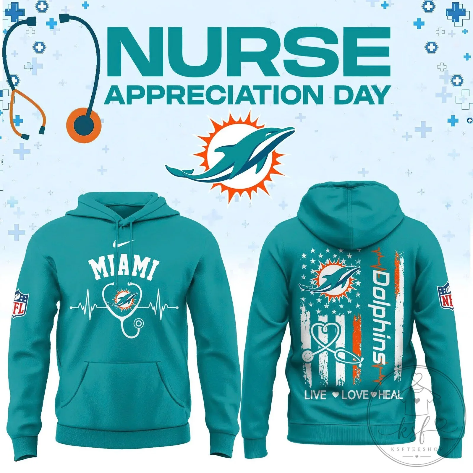 Miami Dolphins Nurse Appreciation Day Live Love Heal Hoodie