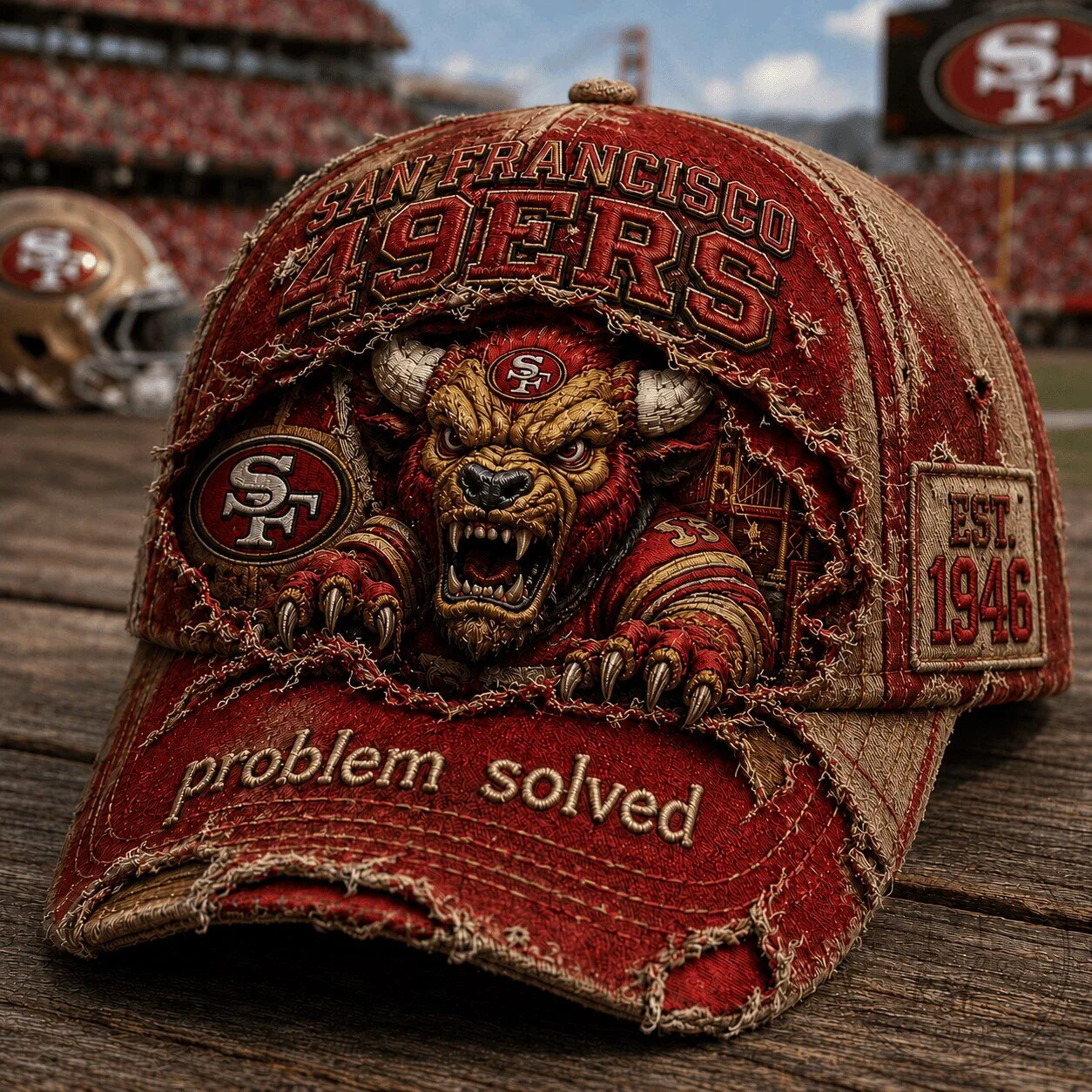 San Francisco 49ers Distressed Baseball Cap with Problem Solved Slogan
