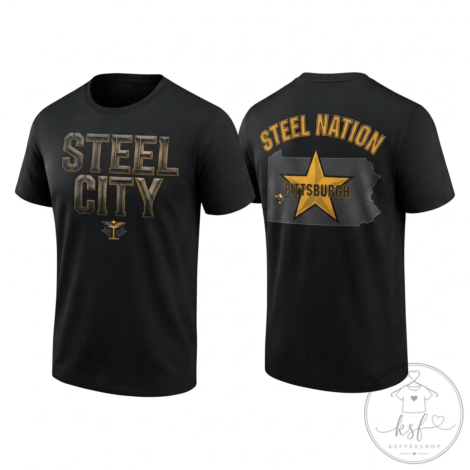 Pittsburgh Steel City Nation Gold Star Graphic Black Short Sleeve T-Shirt