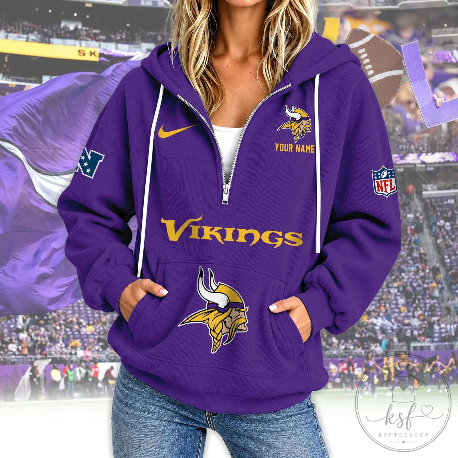 Minnesota Vikings Personalized Quarter Zip Hoodie NFL Football Fan Gear