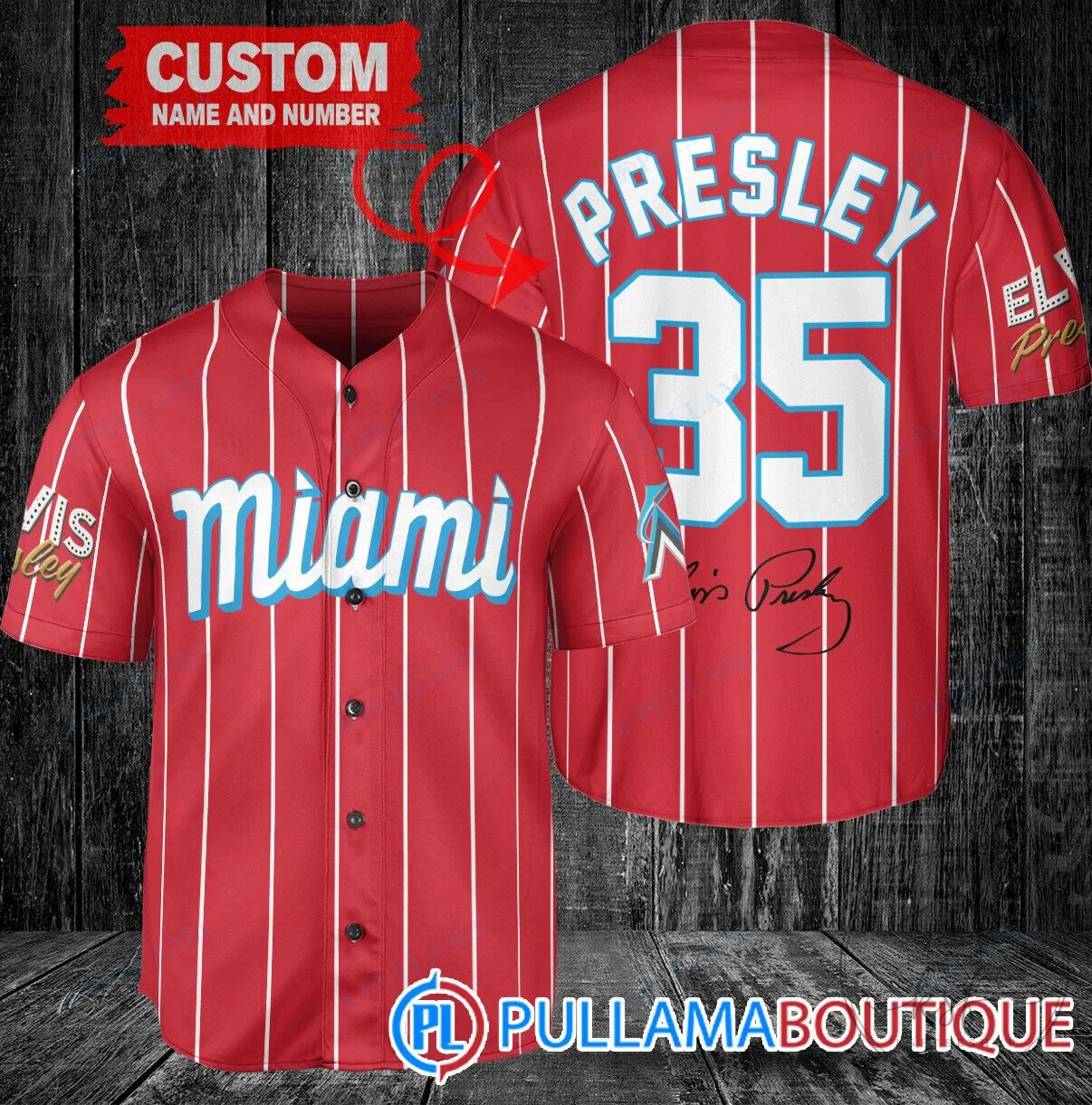 Miami Marlins Baseball Elvis Presley Personalized Red Pinstripe Baseball Jersey 1 Miami Marlins Baseball Elvis Presley Personalized Red Pinstripe Baseball Jersey