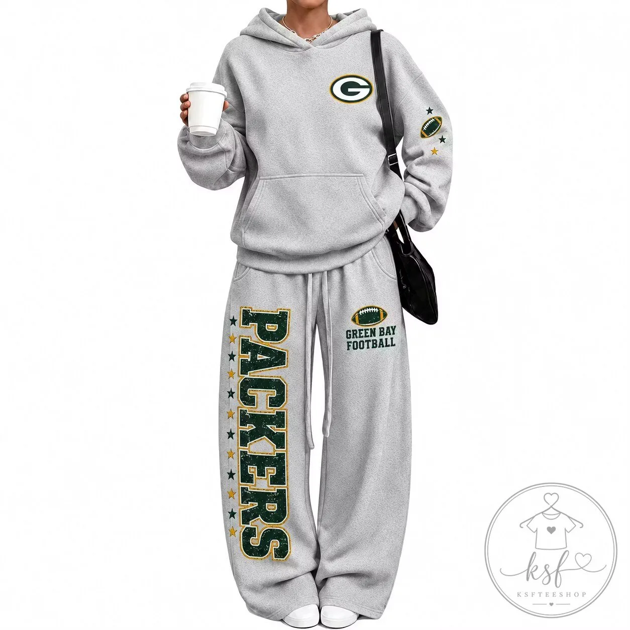 Green Bay Packers Football Team Logo Gray Hoodie and Sweatpants Set